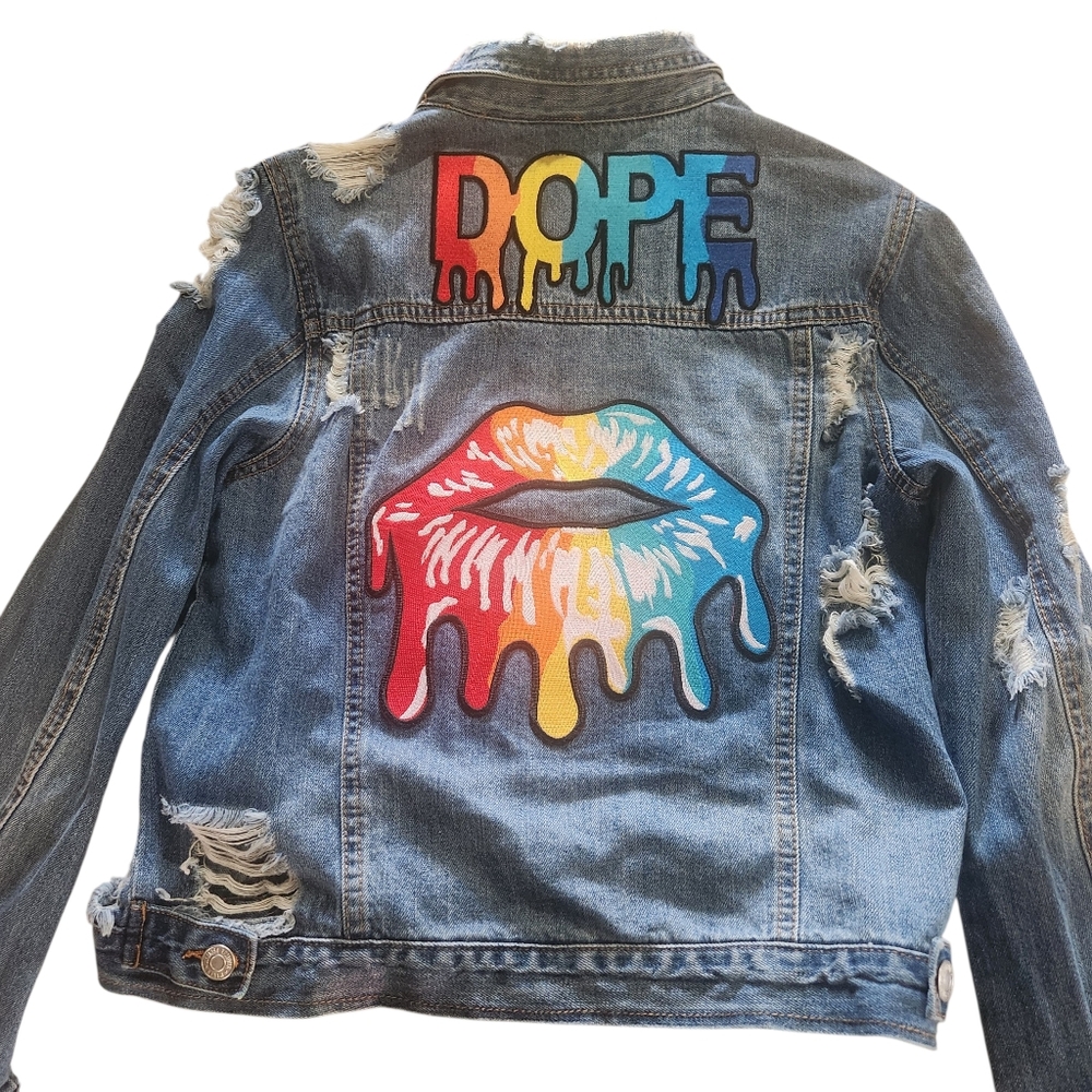 Almost Famous Dope Lips Blue Distressed Denim Jacket
